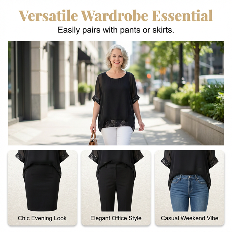 🌟 LIMITED-TIME 50% OFF! 👚 Women's Casual Round Neck Top with Sequin Trim – Sparkling, Relaxed Fit, Versatile 🎀
