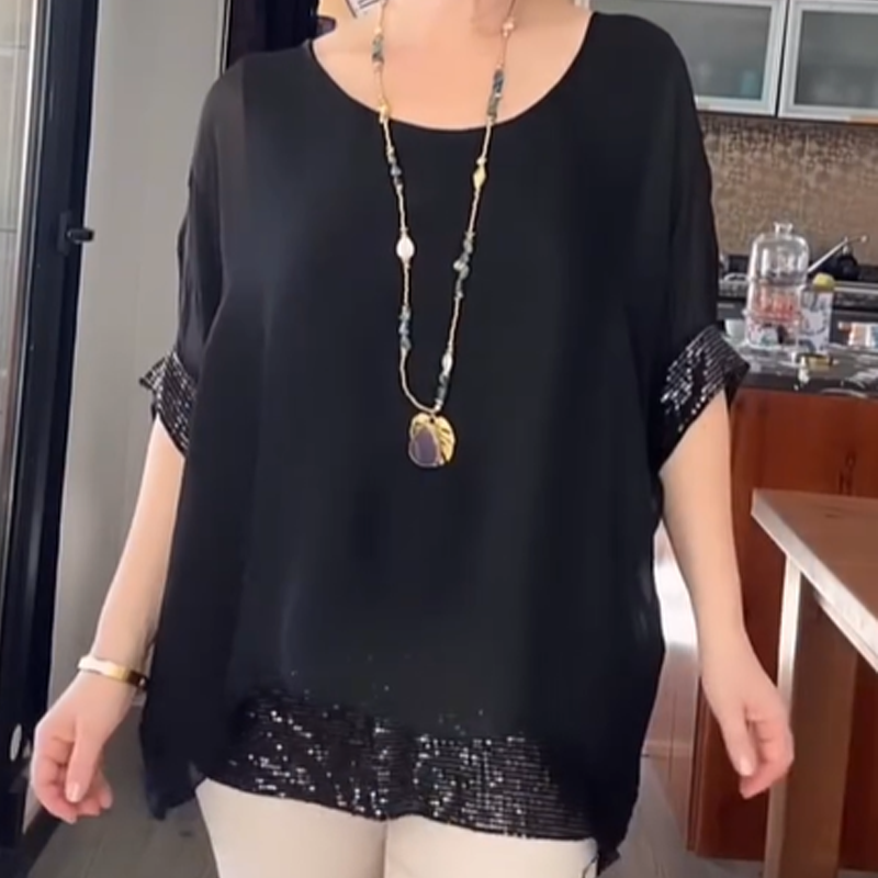 🌟 LIMITED-TIME 50% OFF! 👚 Women's Casual Round Neck Top with Sequin Trim – Sparkling, Relaxed Fit, Versatile 🎀