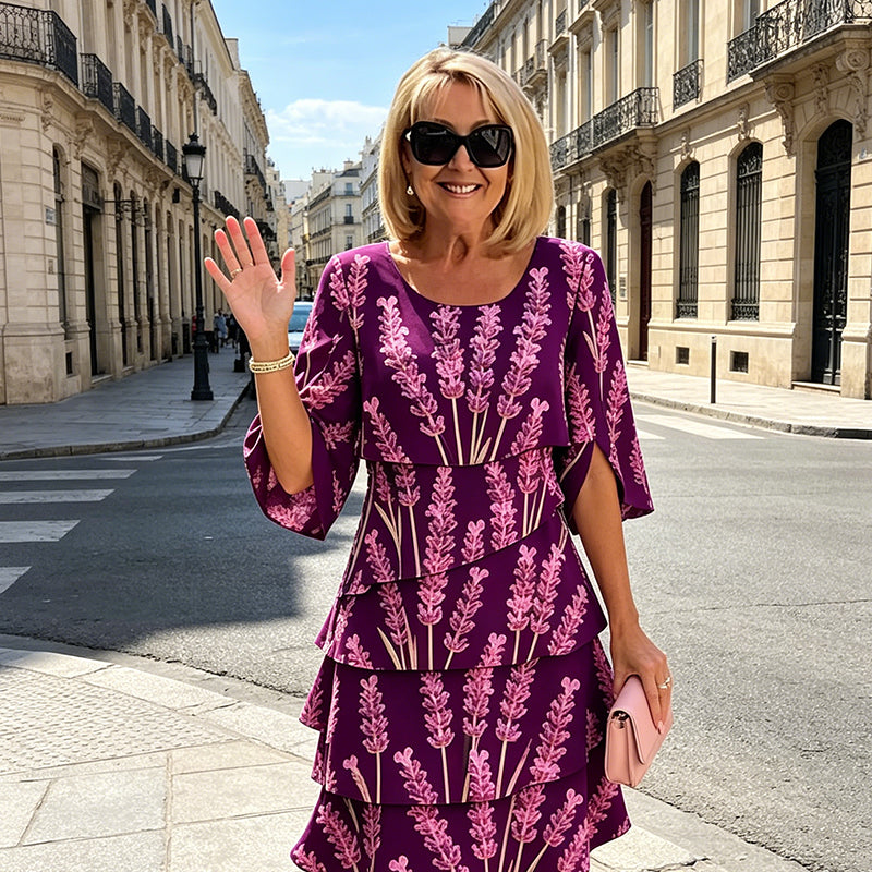 👗 60% OFF! ✨ Tiered Midi Dress – Floral Pattern, Split Sleeves, Flowy, Elegant 🌸