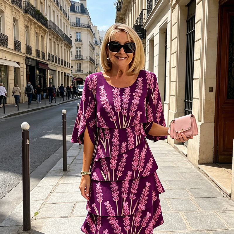 👗 60% OFF! ✨ Tiered Midi Dress – Floral Pattern, Split Sleeves, Flowy, Elegant 🌸