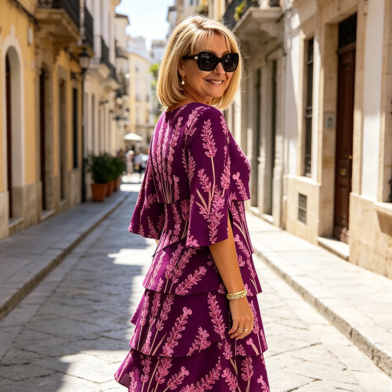 👗 60% OFF! ✨ Tiered Midi Dress – Floral Pattern, Split Sleeves, Flowy, Elegant 🌸