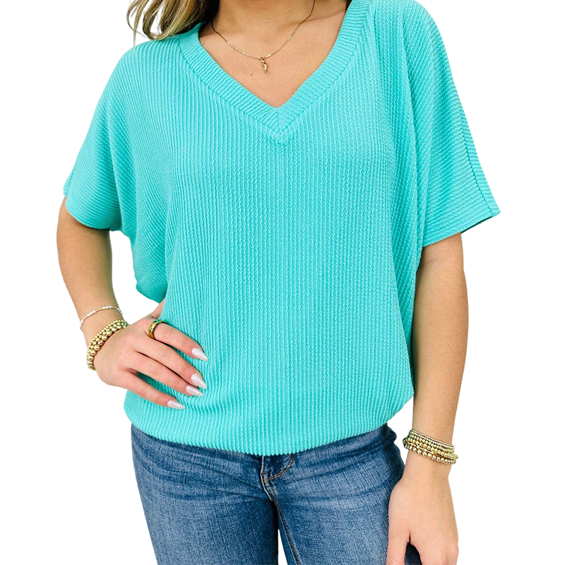 Summer V-Neck Ribbed Fit Short Sleeve Top