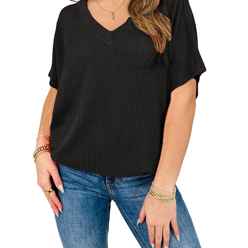 Summer V-Neck Ribbed Fit Short Sleeve Top