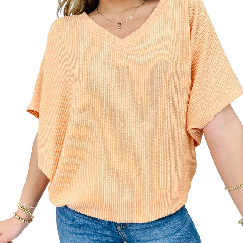 Summer V-Neck Ribbed Fit Short Sleeve Top