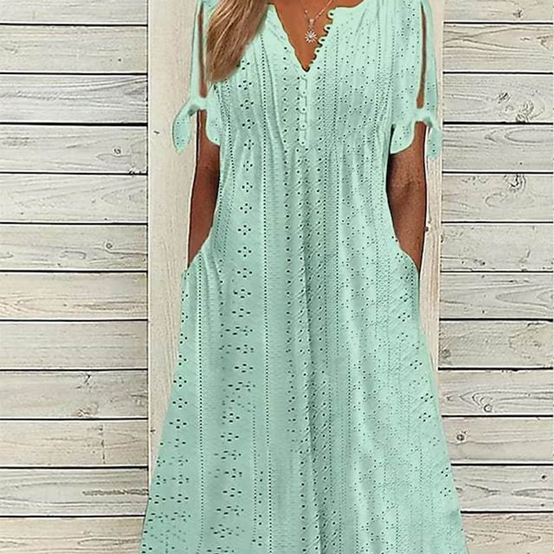 👗New arrival 50% OFF! ☀️Women's Elegant V-Neck Hollow-Out Solid Dress，Hollow-Out Details, Solid Color