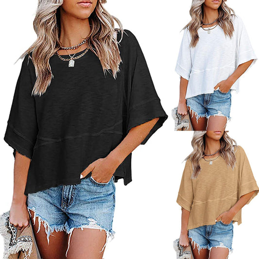 ☀️2026 HOT SALE 50% OFF💃🌸Women's Solid Color Splicing Loose Five Points Flare Sleeve T-Shirt