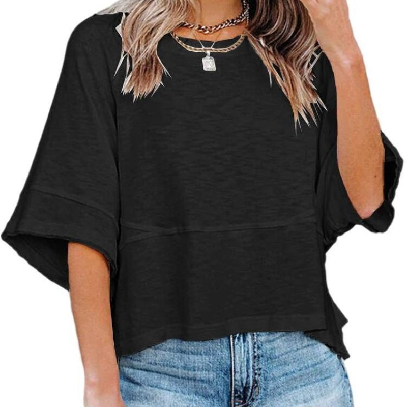 ☀️2026 HOT SALE 50% OFF💃🌸Women's Solid Color Splicing Loose Five Points Flare Sleeve T-Shirt