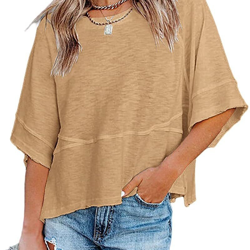 ☀️2026 HOT SALE 50% OFF💃🌸Women's Solid Color Splicing Loose Five Points Flare Sleeve T-Shirt