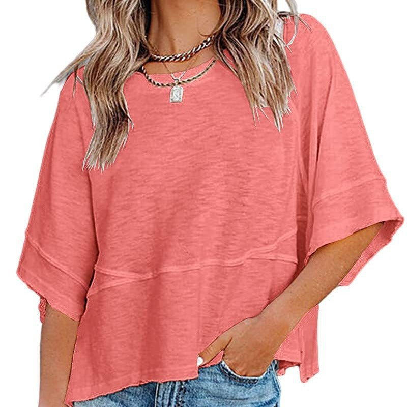 ☀️2026 HOT SALE 50% OFF💃🌸Women's Solid Color Splicing Loose Five Points Flare Sleeve T-Shirt