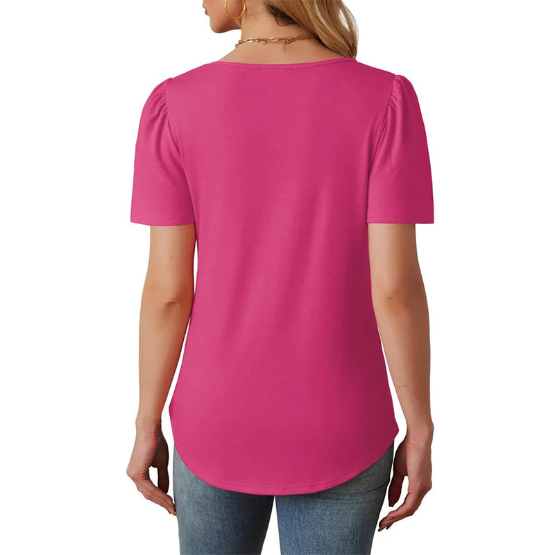 Women's Crew Neck Pintuck Detail Puff Sleeve Tunic Top