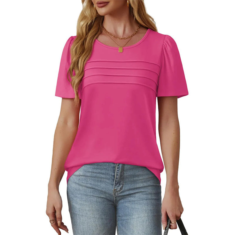Women's Crew Neck Pintuck Detail Puff Sleeve Tunic Top