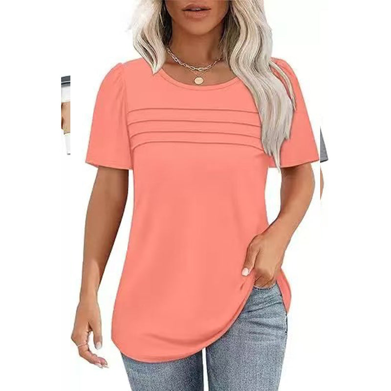 Women's Crew Neck Pintuck Detail Puff Sleeve Tunic Top