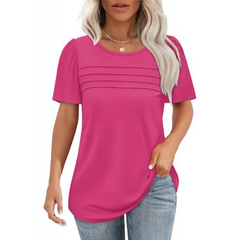Women's Crew Neck Pintuck Detail Puff Sleeve Tunic Top