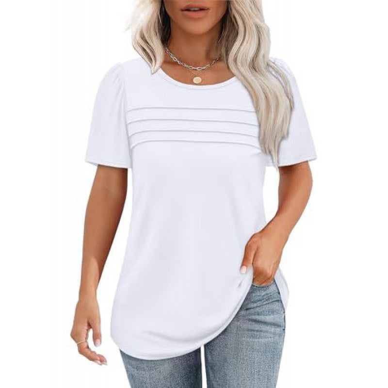 Women's Crew Neck Pintuck Detail Puff Sleeve Tunic Top