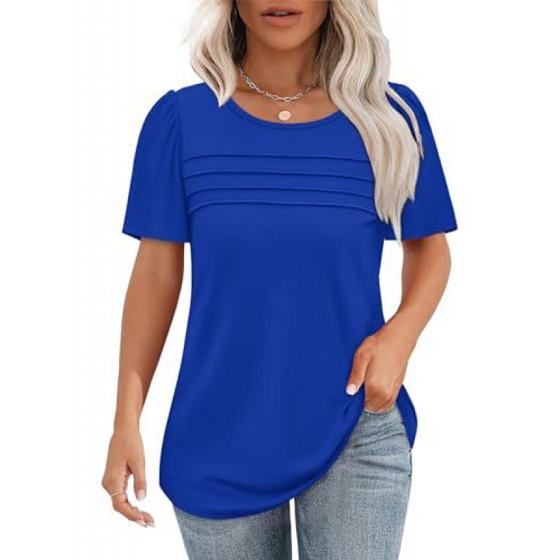Women's Crew Neck Pintuck Detail Puff Sleeve Tunic Top