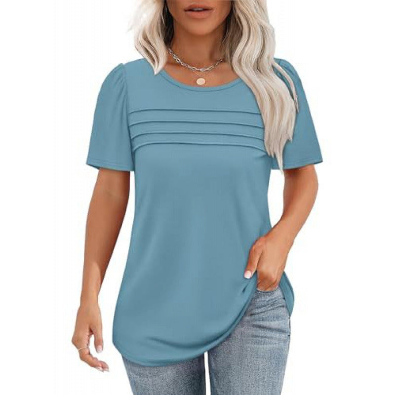 Women's Crew Neck Pintuck Detail Puff Sleeve Tunic Top