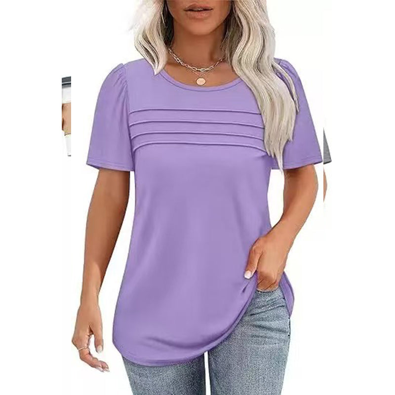 Women's Crew Neck Pintuck Detail Puff Sleeve Tunic Top