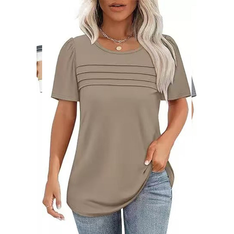 Women's Crew Neck Pintuck Detail Puff Sleeve Tunic Top