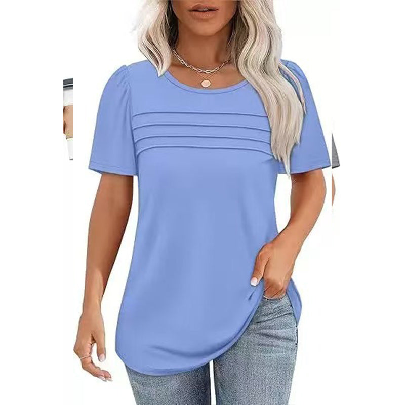 Women's Crew Neck Pintuck Detail Puff Sleeve Tunic Top