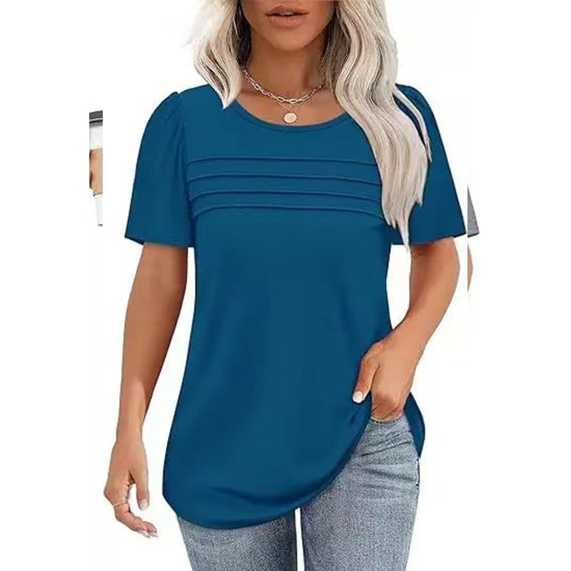 Women's Crew Neck Pintuck Detail Puff Sleeve Tunic Top