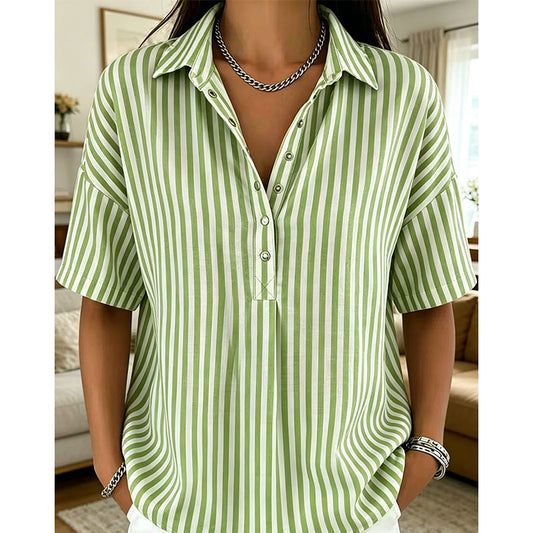 👕 LIMITED-TIME 50% OFF! ✨ Women's Striped Short-Sleeve Shirt – Relaxed Fit, V Neck, 9 Colors 🍂