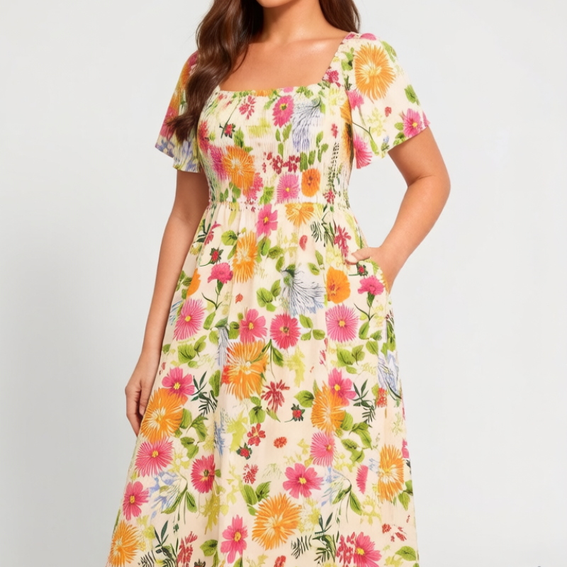 ⏰Summer Hot Sale 70% OFF💃Floral Smocked Square Neck Midi Dress with Pockets
