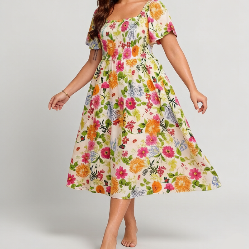 ⏰Summer Hot Sale 70% OFF💃Floral Smocked Square Neck Midi Dress with Pockets