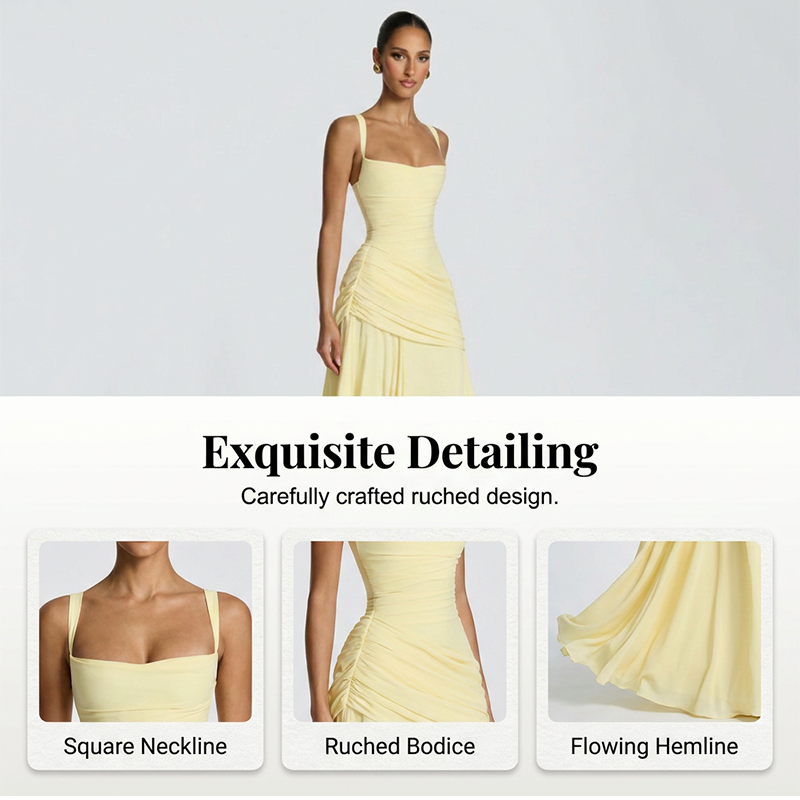 Women's Ruched Bodice Square Neck Maxi Dress