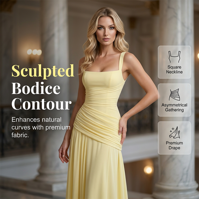 Women's Ruched Bodice Square Neck Maxi Dress
