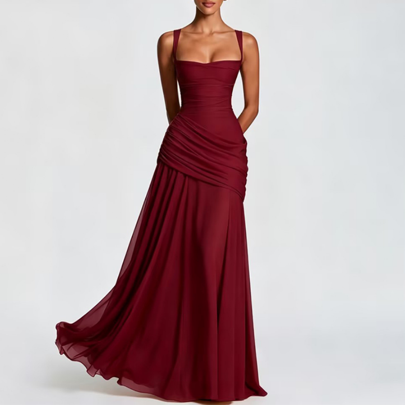 Women's Ruched Bodice Square Neck Maxi Dress