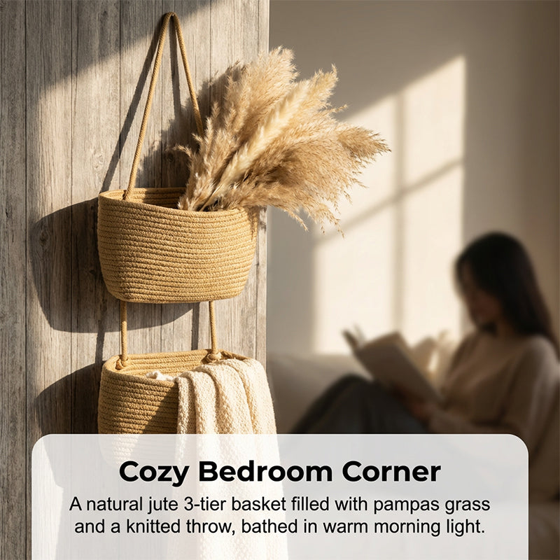 ✨ Wall-Hanging Storage Organizer – 3-Tier, Boho Style, Space-Saving 🏡