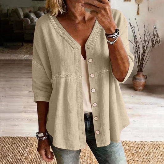 Women's V-Neck Lace Trim Button-Down Blouse