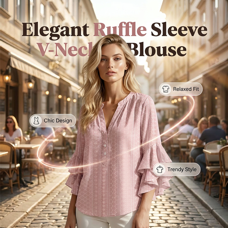Elegant Ruffle Sleeve V-Neck Blouse