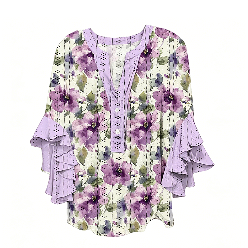 Elegant Ruffle Sleeve V-Neck Blouse