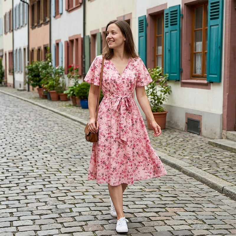 Women’s Floral Print Tie-Waist Ruffle Sleeve Dress