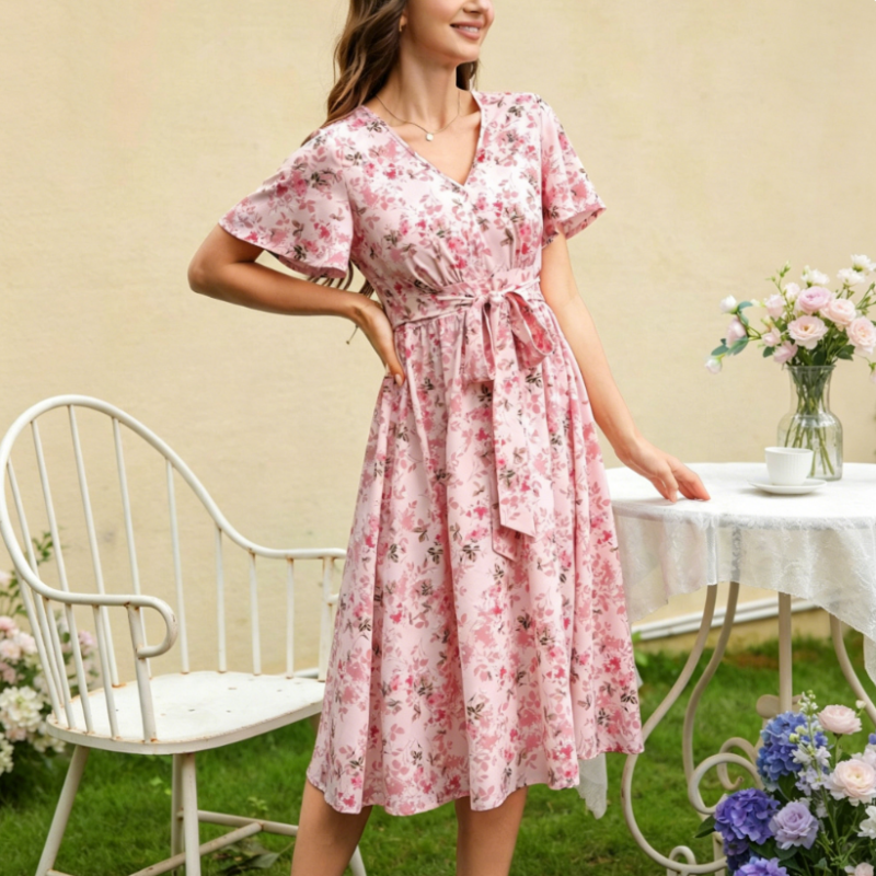 Women’s Floral Print Tie-Waist Ruffle Sleeve Dress