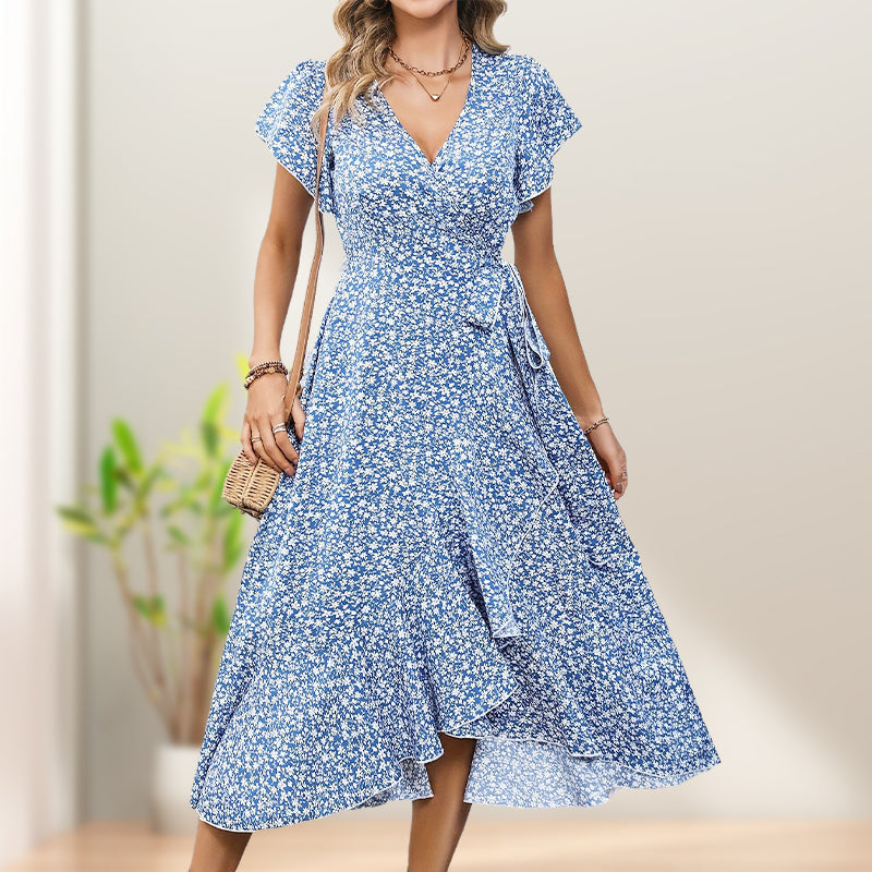 👗Women’s Summer Elegant V Neck Tie Waist Flowy Floral Dress– Flattering Summer Chic✨