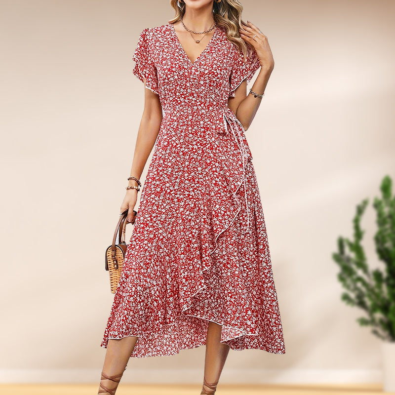 👗Women’s Summer Elegant V Neck Tie Waist Flowy Floral Dress– Flattering Summer Chic✨