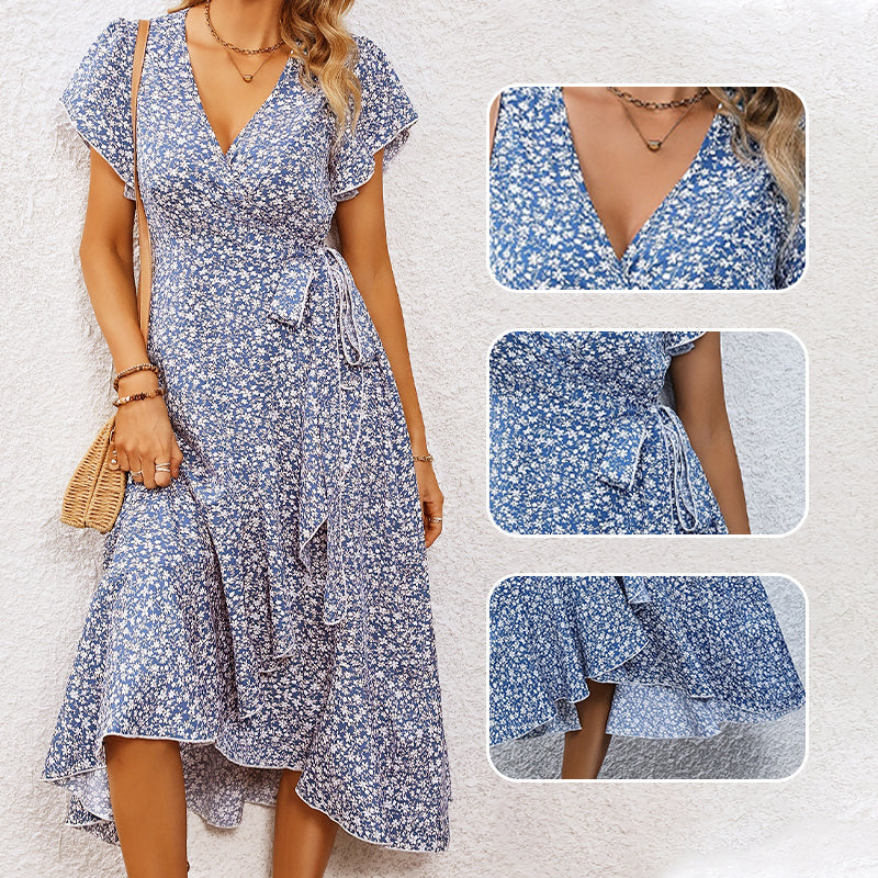 👗Women’s Summer Elegant V Neck Tie Waist Flowy Floral Dress– Flattering Summer Chic✨