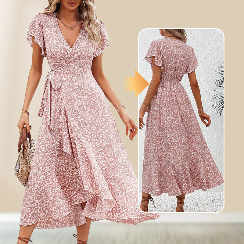 👗Women’s Summer Elegant V Neck Tie Waist Flowy Floral Dress– Flattering Summer Chic✨