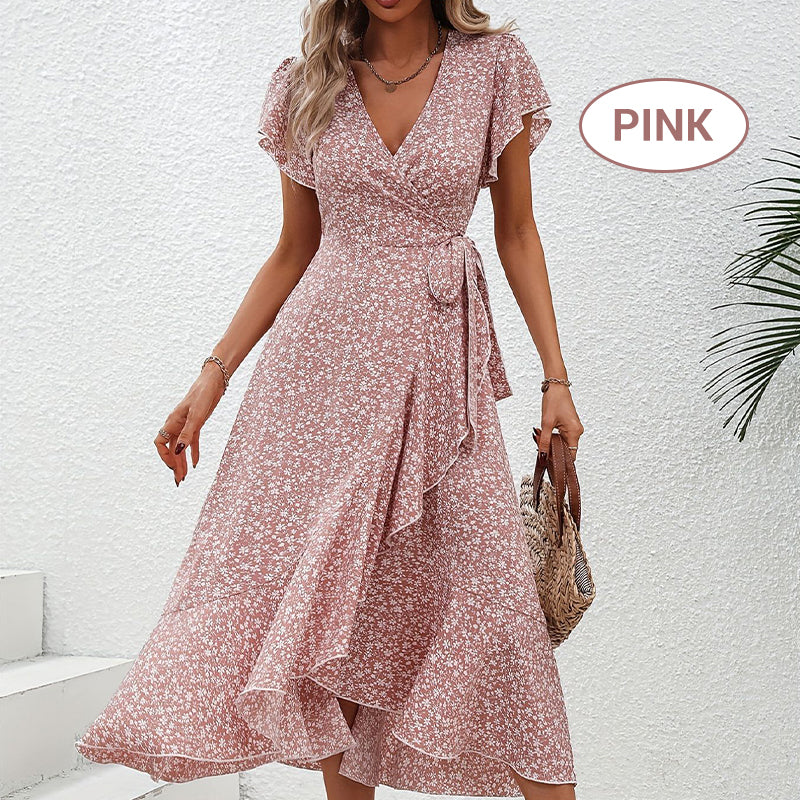 👗Women’s Summer Elegant V Neck Tie Waist Flowy Floral Dress– Flattering Summer Chic✨