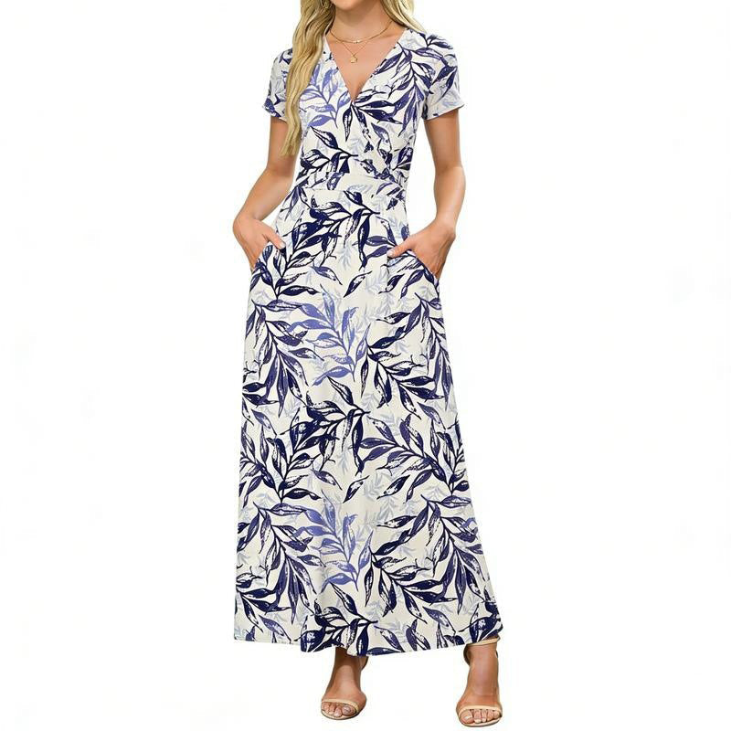👗2026 Summer Hot Sale 49% OFF🌈 Women's V neck Ankle Length Floral Print Beach Long Flowy  Maxi Dress with Pockets🎀