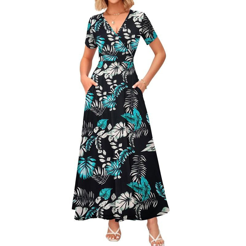 👗2026 Summer Hot Sale 49% OFF🌈 Women's V neck Ankle Length Floral Print Beach Long Flowy  Maxi Dress with Pockets🎀