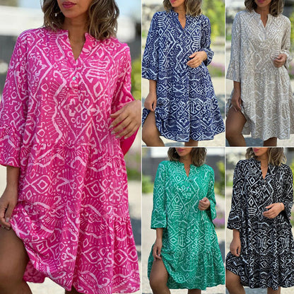 Casual Loose Printed V-Neck Flowy Dress