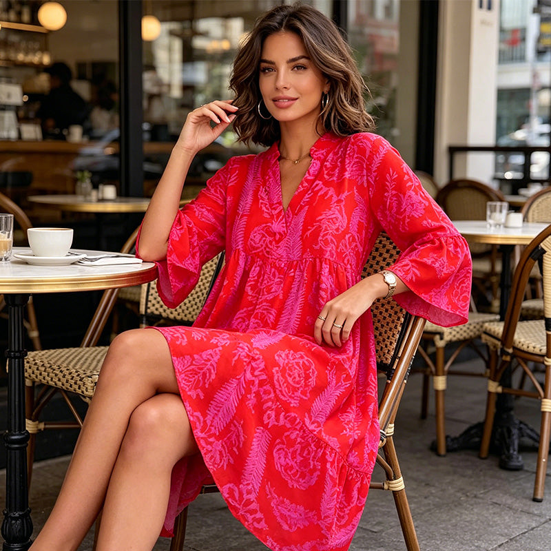 Women's V-Neck Boho Print Dress