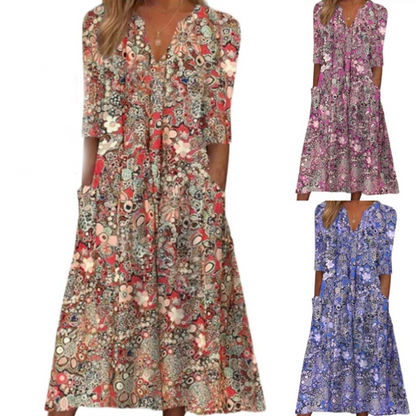 Women's Casual Floral Print V-Neck Loose Fit Dress