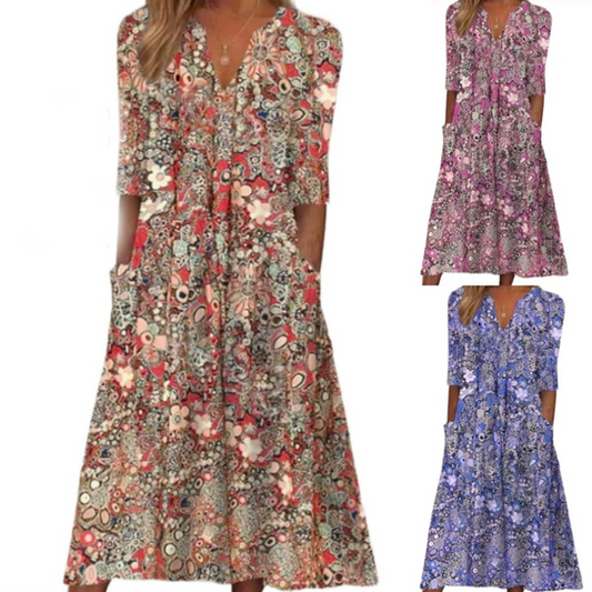 Women's Casual Floral Print V-Neck Loose Fit Dress