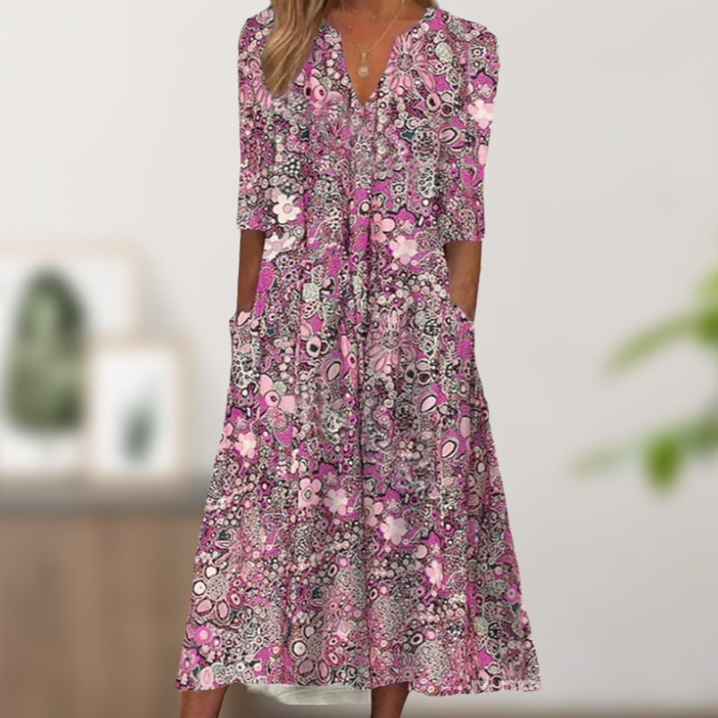 Women's Casual Floral Print V-Neck Loose Fit Dress