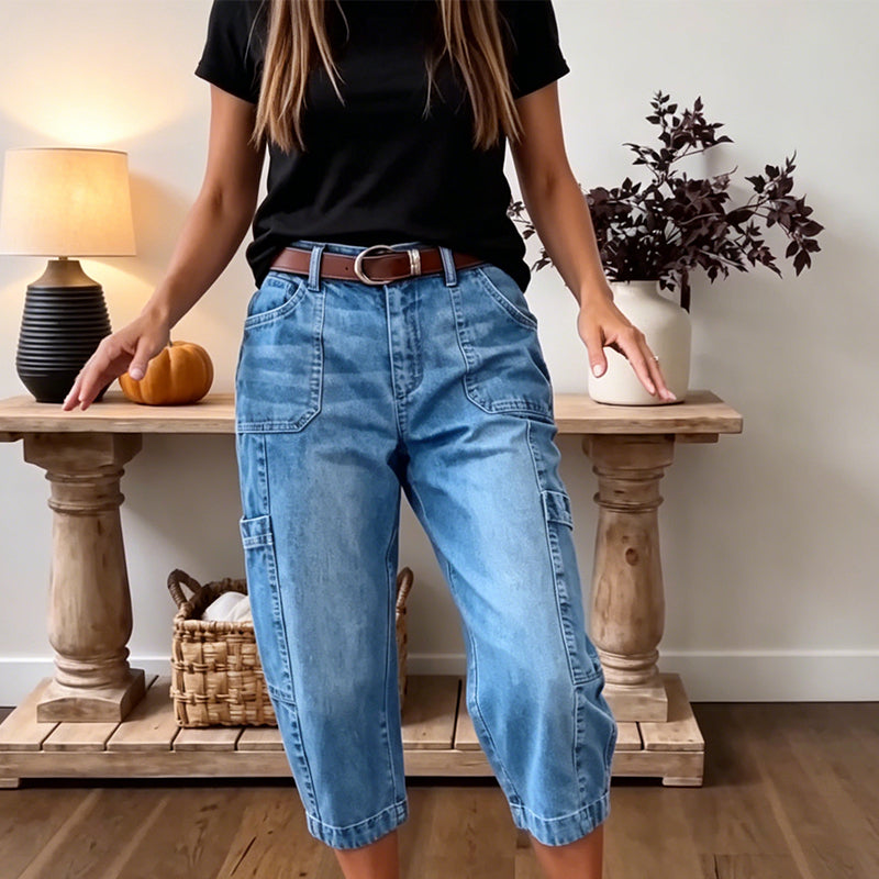 👖 LIMITED-TIME 55% OFF! ✨ Women's Casual Stretchy Cropped Denim Pants – Barrel Fit, Mid-Waist, Multi-Pockets 🌿