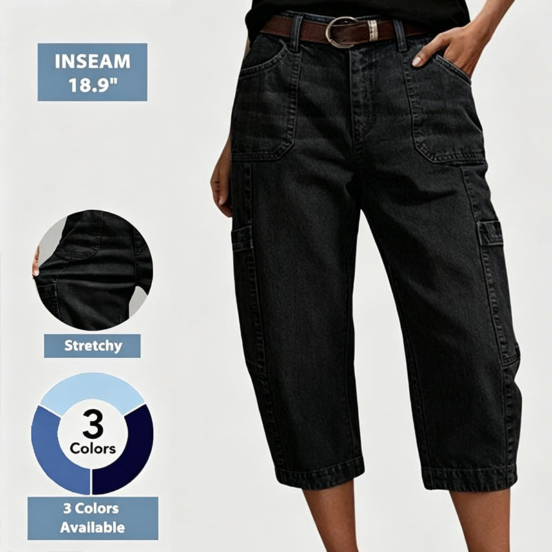 👖 LIMITED-TIME 55% OFF! ✨ Women's Casual Stretchy Cropped Denim Pants – Barrel Fit, Mid-Waist, Multi-Pockets 🌿